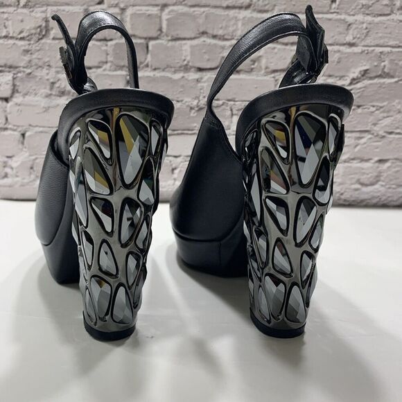 Nando Muzi Women’s Italian Leather Open Toe Jeweled Heels Pumps 36.5 Black - Picture 4 of 16